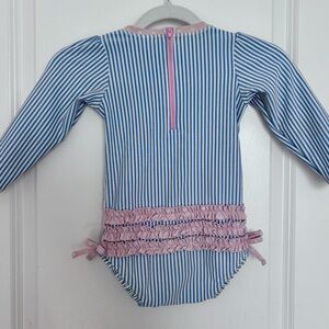Ruffle Butt Girls Swimsuit blue stripe and pink ruffles